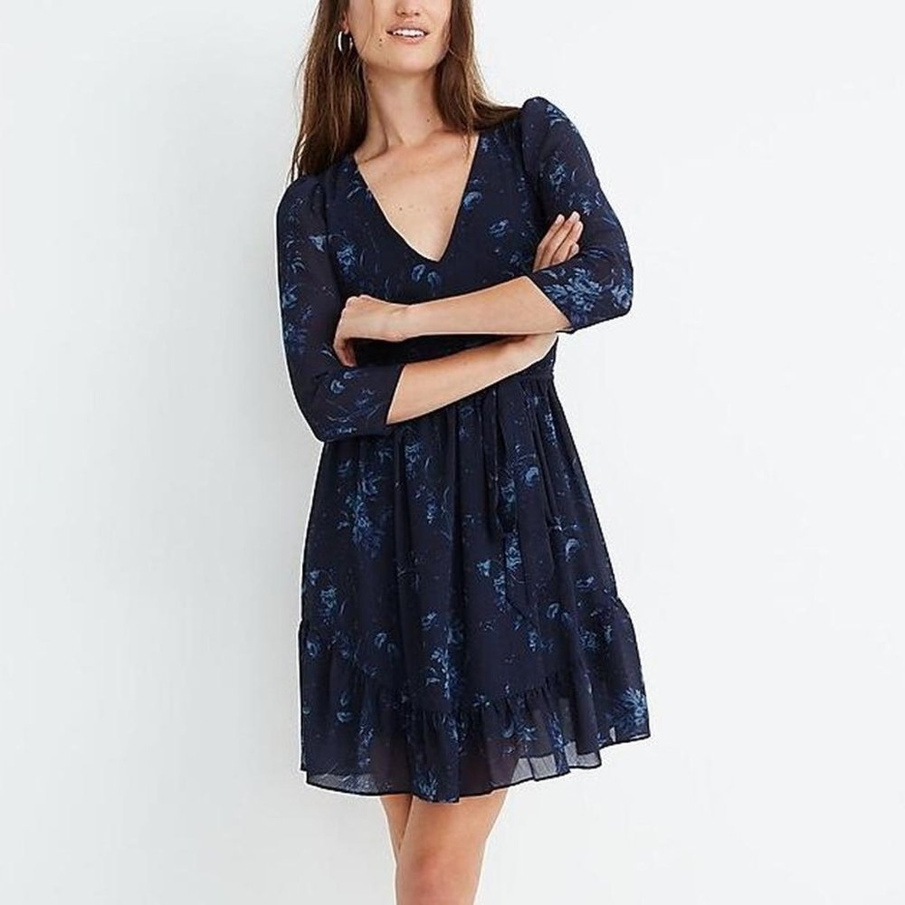 Madewell Blue Floral Dress 3/4 Sleeve